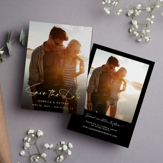 モダン フォト ブラック ホワイト セーブ ザ デート ゴールド 箔招待状