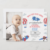 モダン フォト ブルー ハウ タイム フライ 1st バースデー 招待状 (正面)