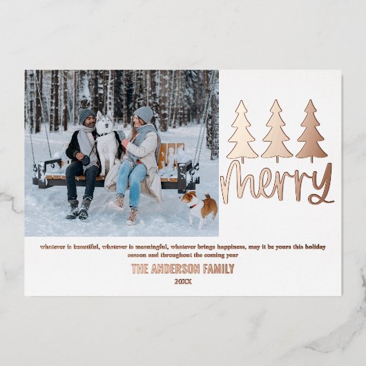 モダン フォト メリー ピンク ゴールド ホリデー カード (正面)