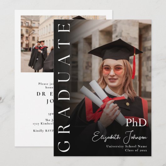 モダン フォト PhD 学位 卒業パーティー 招待状 (正面/裏面)