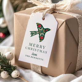 モダン・フォルクアートの花と鳥のクリスマスホリデー ギフトタグ