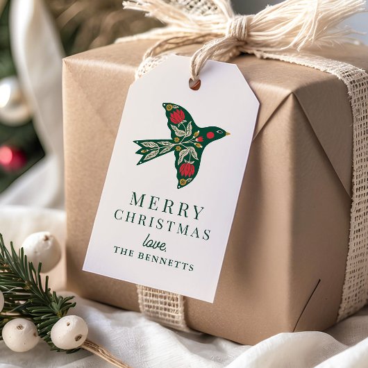 モダン・フォルクアートの花と鳥のクリスマスホリデー ギフトタグ