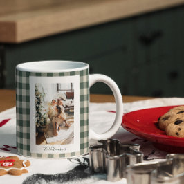 モダン フォレストグリーン チェック ラスティック クリスマス写真 ジャンボコーヒーマグカップ