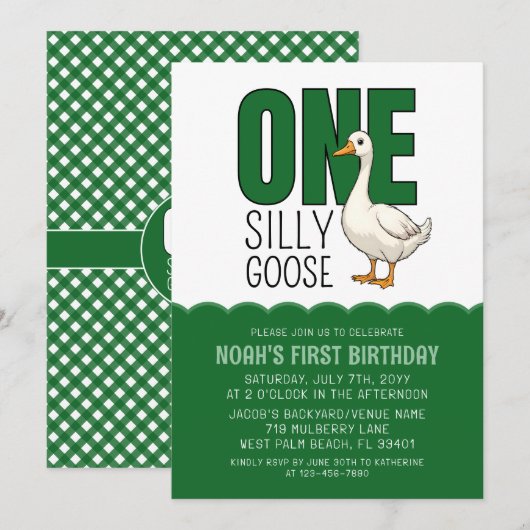 モダン フォレストグリーン ワイルドグース 1歳の誕生日 招待状 (正面/裏面)