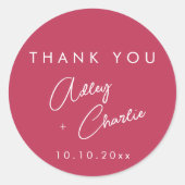モダン フォント マゼンタ ありがとう ウェディング フェイバータグ ラウンドシール (正面)