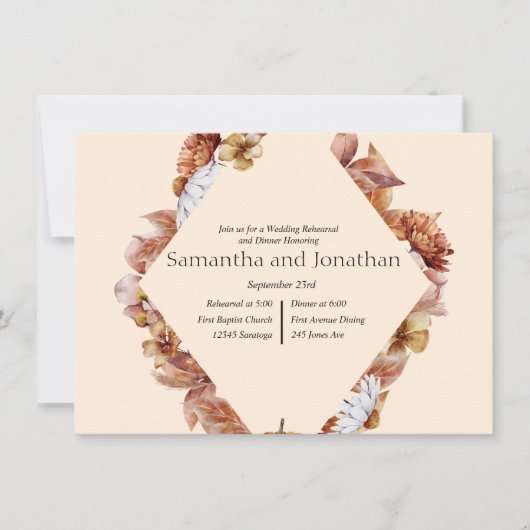 モダン フォール オレンジ BOHO ウェディング リハーサル ディナー 招待状 (正面)