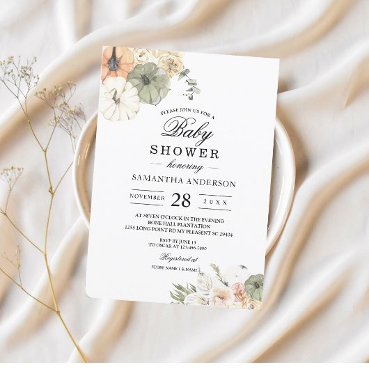 モダン フォール ベイビー シャワー | 水彩のカボチャ 招待状