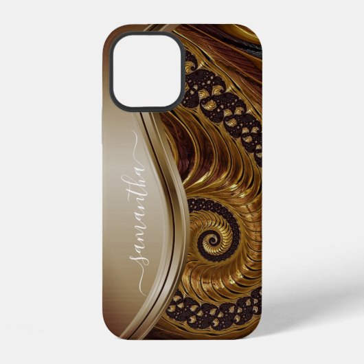 モダン フラクタル ゴールド 手書き 名前 iPhoneケース (裏面)