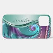 モダン フラクタル ティール パープル 手書きネーム Case-Mate iPhoneケース (裏面 (横))