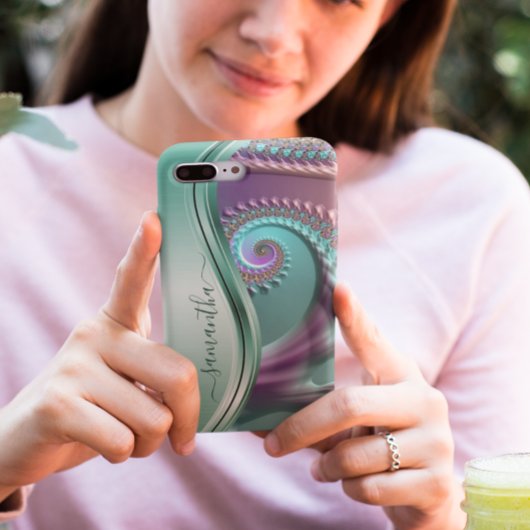 モダン フラクタル ティール パープル 手書きネーム Case-Mate iPhoneケース