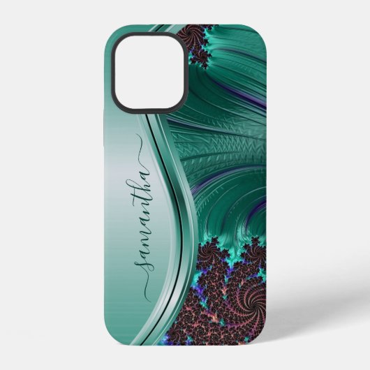 モダン フラクタル ティール 手書き 名前 iPhoneケース (裏面)