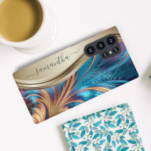 モダン・フラクタル・ブルーゴールド手書き名前ケースマット SAMSUNG GALAXY S22 ULTRAケース