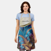 モダン フラクタル ブルー ゴールド 手書き名前 エプロン (着用した状態)