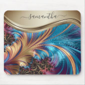 モダン フラクタル ブルー ゴールド 手書き名前 マウスパッド (正面)