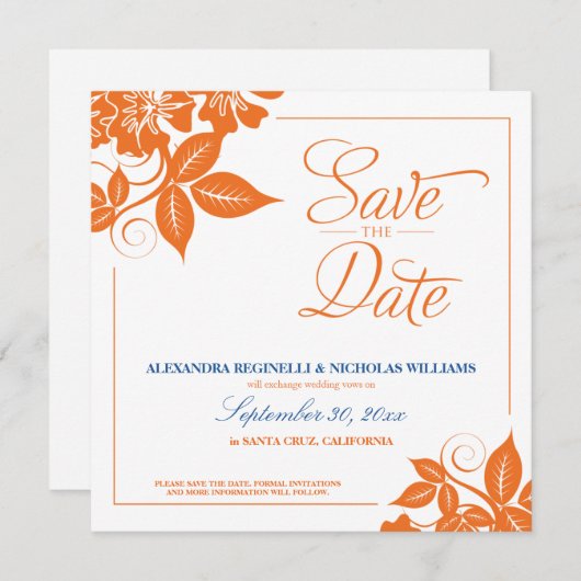 モダン フラワーの Save the Date アナウンスメント(オレンジ) 招待状 (正面/裏面)