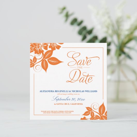 モダン フラワーの Save the Date アナウンスメント(オレンジ) 招待状 (スタンド正面)
