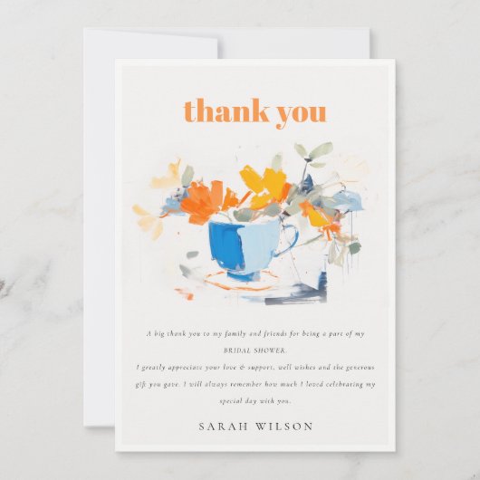 モダン フラワーティーカップ ブライダルシャワー ティーパーティー サンキューカード (正面)