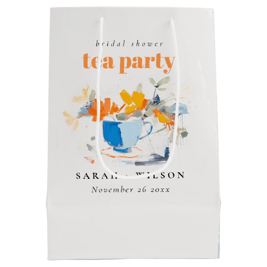 モダン フラワーティーカップ ブライダルシャワー テーパーティー ミディアムペーパーバッグ (裏面)