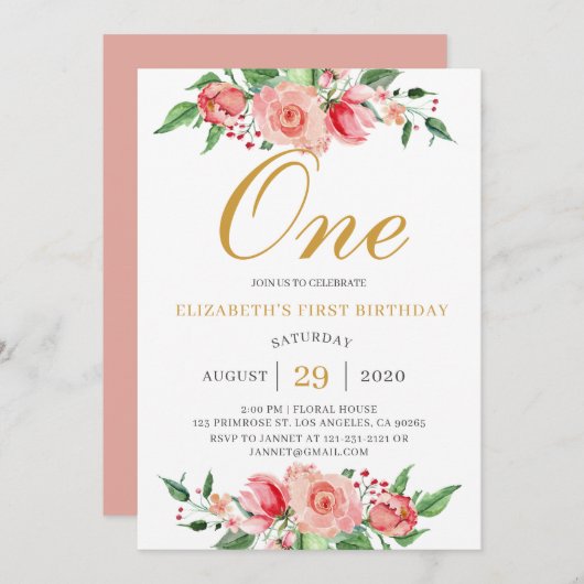 モダン フラワーブッシュ ピンク ゴールド 水彩 誕生日 招待状 (正面/裏面)