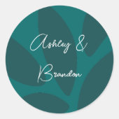 モダン フラワーペタル ボタニカル ティール ウェディング ラウンドシール (正面)