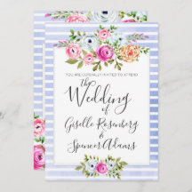 モダン フラワール ウォーターカラー ストライプ 結婚式招待状