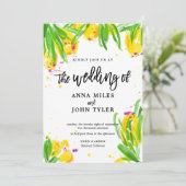 モダン フラワー イエロー グリーン バイオレット カリグラフィー 招待状 (スタンド正面)