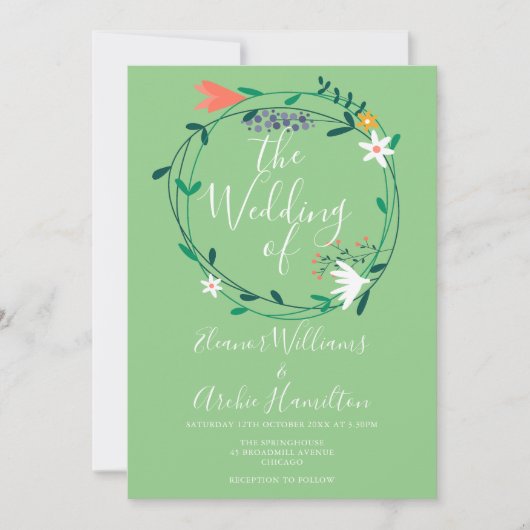 モダン フラワー ガーランド スクリプト ウェディング 招待状 (正面)