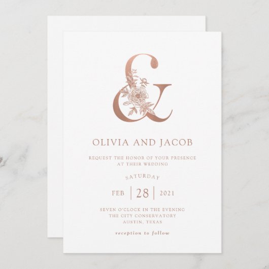 モダン フラワー | 偽のローズゴールドのアンパサンド ウェディング 招待状 (正面/裏面)