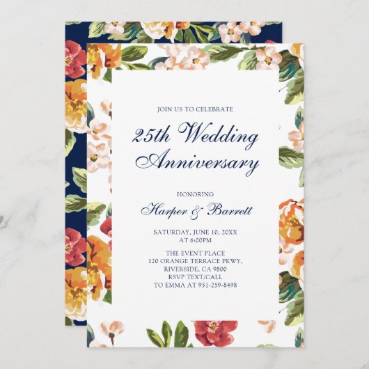 モダン フラワー 25周年 結婚記念日 パーティー 招待状 (正面/裏面)