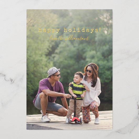 モダン フル フォト タイプライター テキスト オーバーレイ ゴールド 箔シーズンカード (正面)