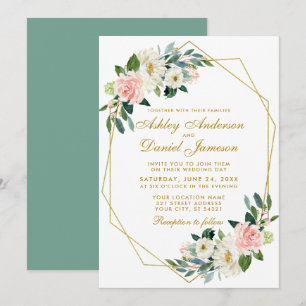 モダン フローラル ピンク ゴールド ジオメトリック フレーム ウェディング G 招待状