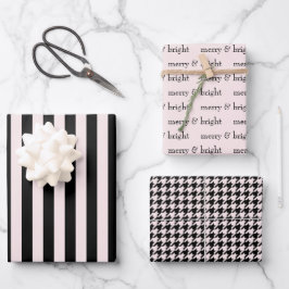 モダン&ブライトメリークリスマスホリデーピンクブラック ラッピングペーパーシート