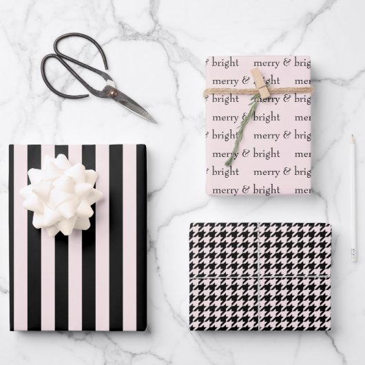モダン&ブライトメリークリスマスホリデーピンクブラック ラッピングペーパーシート (正面)