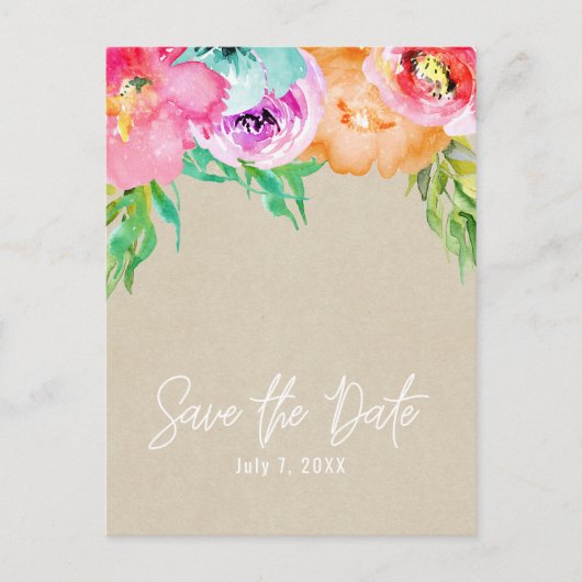 モダン ブライト フローラル ブラウン クラフト セーブ・ザ・デート 案内ポストカード (正面)