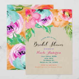 モダン ブライト フローラル ブラウン クラフト ブライダル シャワー 招待状