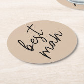 モダン ブライド | ベージュ + ブラック スクリプト ラウンドペーパーコースター (アングル)