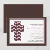 モダン ブラウン ピンク 十字架 女の子 洗礼招待状 招待状 (正面/裏面)