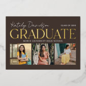 モダン ブラウン 卒業式 3 枚の写真 卒業 記念 ゴールド 箔招待状 (正面)