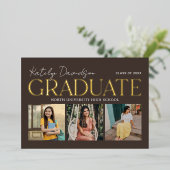 モダン ブラウン 卒業式 3 枚の写真 卒業 記念 ゴールド 箔招待状 (立ち正面)
