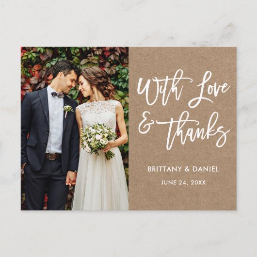 モダン ブラシ スクリプト ラブ アンド サンクス ウェディング クラフト ポストカード (正面)