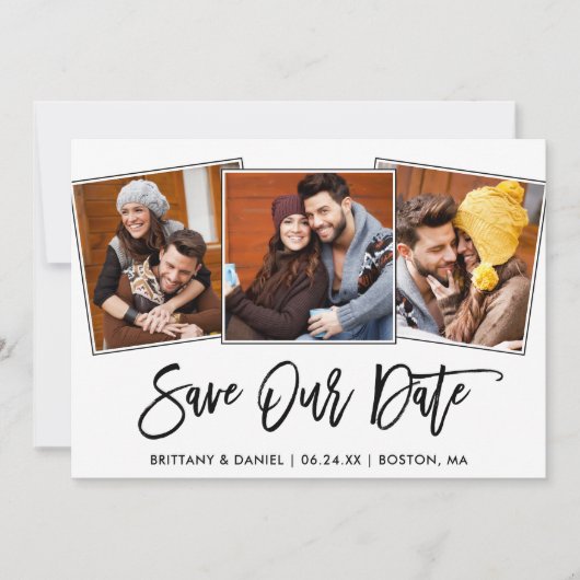 モダン ブラシ スクリプト 3 枚の写真で作る Save Our Date カード (正面)
