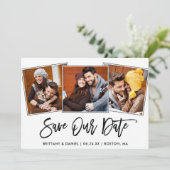 モダン ブラシ スクリプト 3 枚の写真で作る Save Our Date カード (スタンド正面)