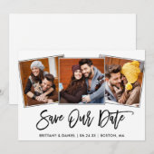 モダン ブラシ スクリプト 3 枚の写真で作る Save Our Date カード (正面/裏面)