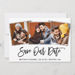 モダン ブラシ スクリプト 3 枚の写真で作る Save Our Date カード