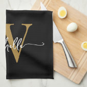 モダン ブラックゴールド カスタム モノグラム ネーム スクリプト キッチンタオル (四つ折り)