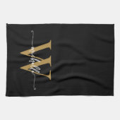 モダン ブラックゴールド カスタム モノグラム ネーム スクリプト キッチンタオル (横)