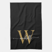 モダン ブラックゴールド カスタム モノグラム ネーム スクリプト キッチンタオル (縦)