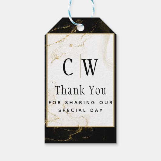 モダン ブラックゴールド グリッター ウェディング ギフトタグ (正面)