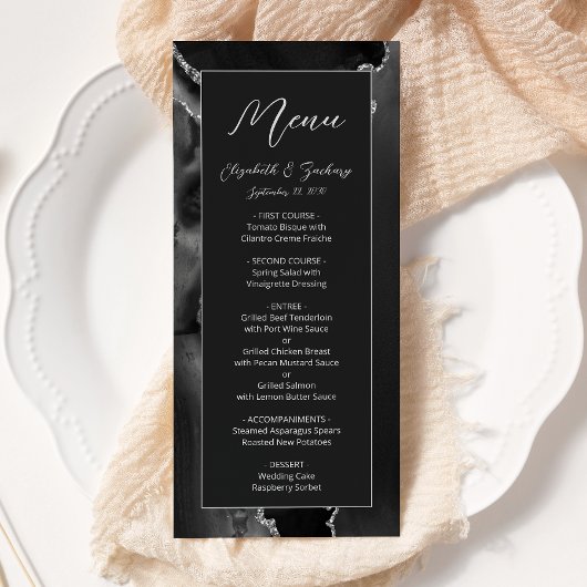 モダン ブラックシルバー アゲート 暗色の結婚式 メニュー