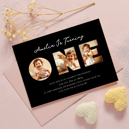 モダン ブラックスクリプト フォト コラージュ ファースト バースデー 招待状